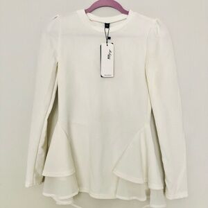 Women White Peplum Top Medium Blouse Jumper Mofanee MFN Long Sleeve Shirt NWT